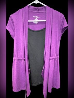 Mix & Co Purple Black Open-Front Short Sleeve Tie Closure Cardigan Shirt Size M